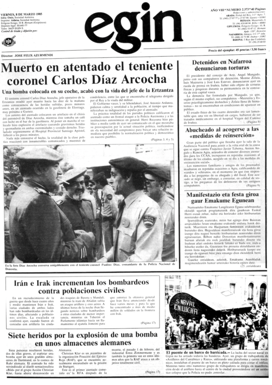 Primera página de ‘Egin’ tras el atentado contra Díaz Arcocha.