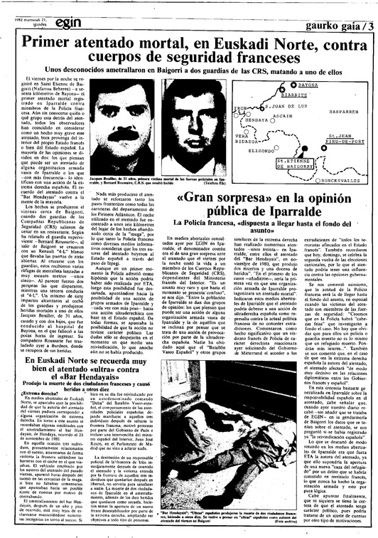 Baigorrin gertatu zen erasoari buruz 1982ko martxoaren 21ean 'Egin' ek argitaraturiko orrialdea.
