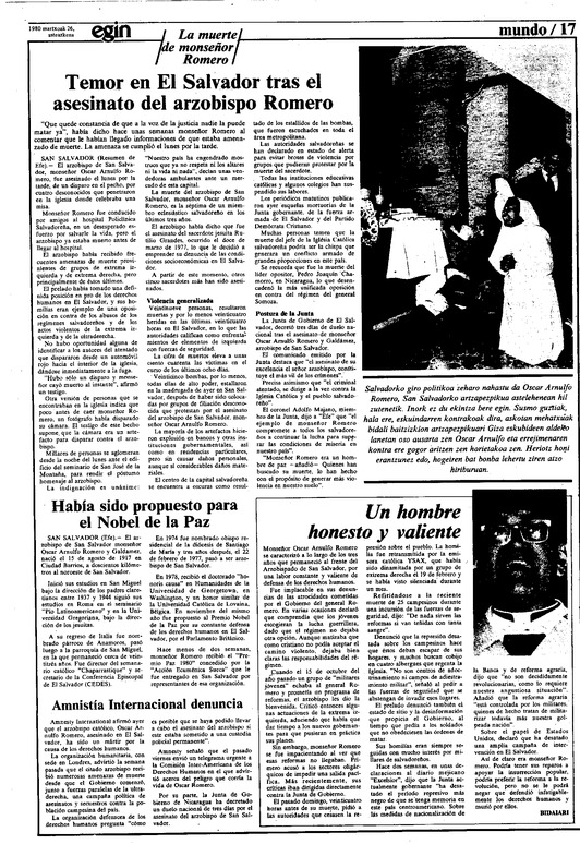 'Egin' dedicó esta página a analizar las implicaciones del atentado que costó la vida a Monseñor Romero.