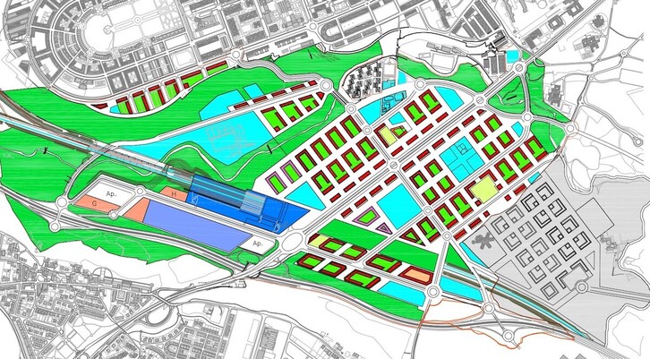 Imagen del PSIS para el TAV en Iruñea, en el que la estación es el edificio azul oscuro.