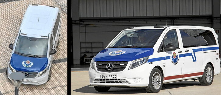Una de las furgonetas que acudió a Astigarraga (izquierda), comparada con la imagen promocional del vehículo de los Bizkor.