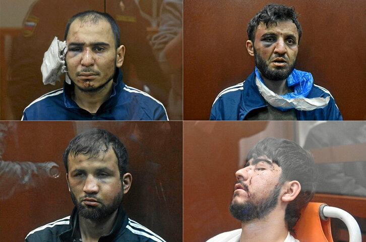 De izquierda a derecha, de arriba a abajo: Rachabalizoda, Mirzoyev, Fariduni y Fayzov, ante el tribunal.