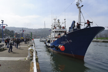 Aita Mari, a su llegada al muelle de Itsasmuseum de Bilbo el pasado viernes. 