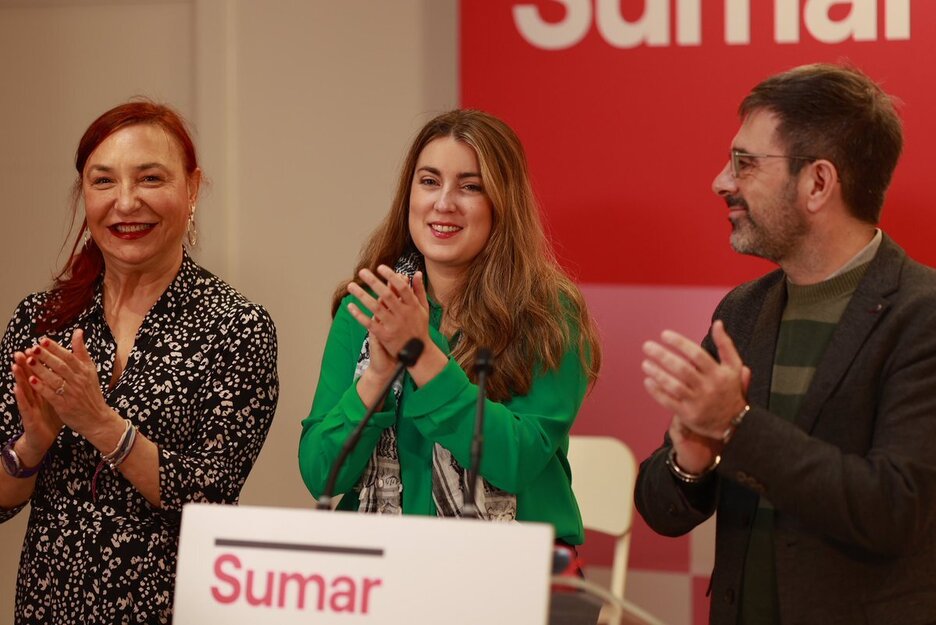 Alba Garcia, Sumar Mugimenduaren lehendakarigaia EAEn, Aberri Egunez egin duen agerraldian. Alba Garcia, Sumar Mugimenduaren lehendakarigaia EAEn, Aberri Egunez egin duen agerraldian.