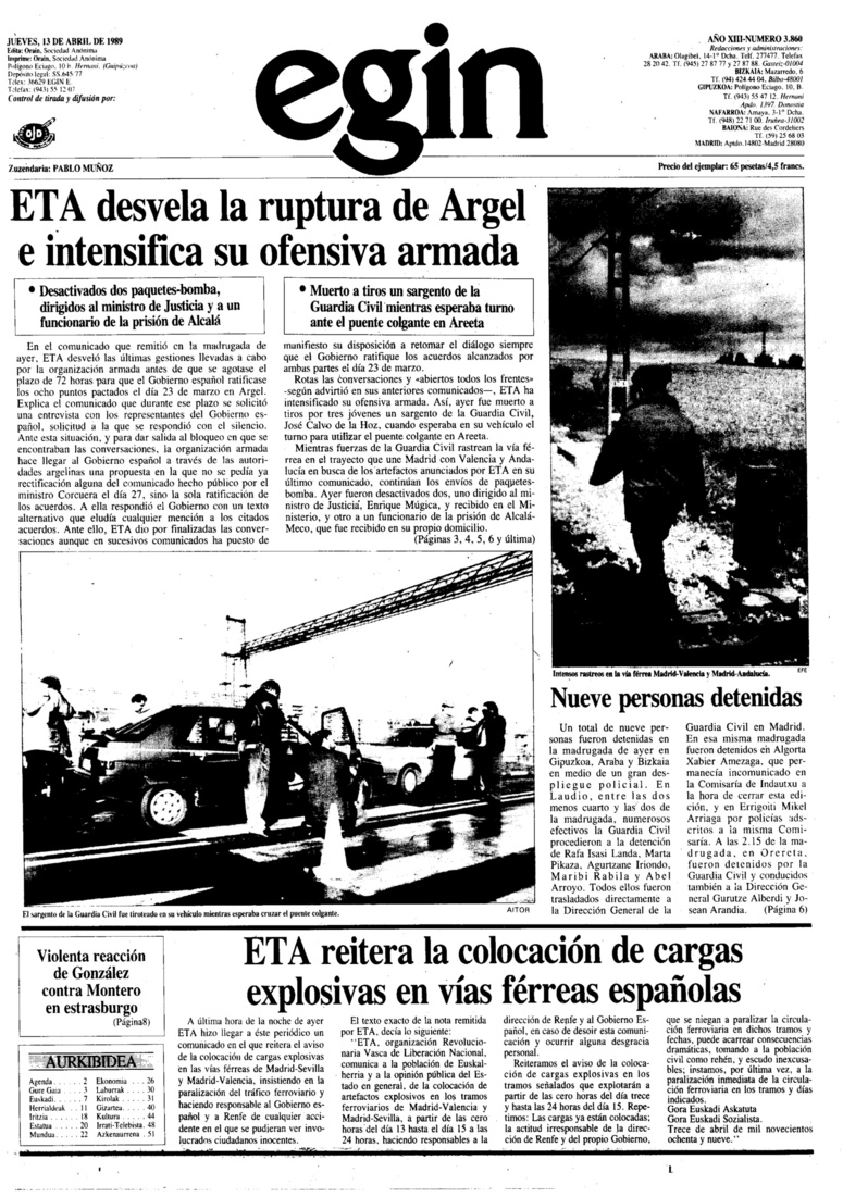 ‘Egin’-eko portada Arjeleko prozesuaren amaieraz.