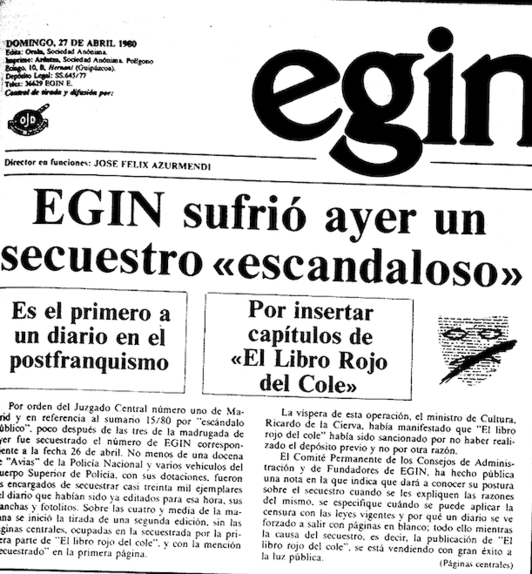 Portada de EGIN que denuncia el secuestro del diario.