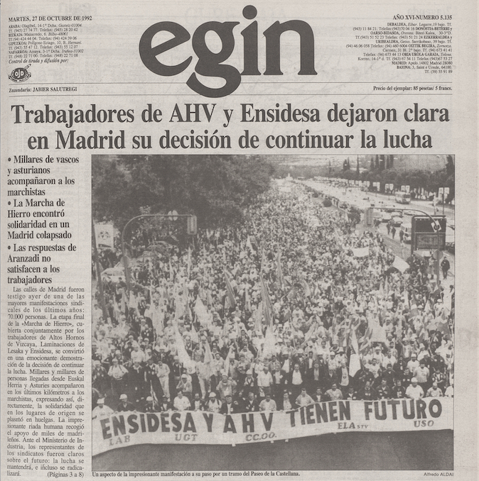 Portada de 'Egin' del 27 de octubre de 1992 con la llegada de la Marcha de Hierro a Madrid.