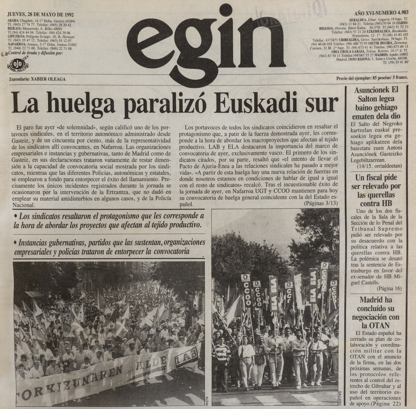 Portada de 'Egin' del 28 de mayo de 1992.