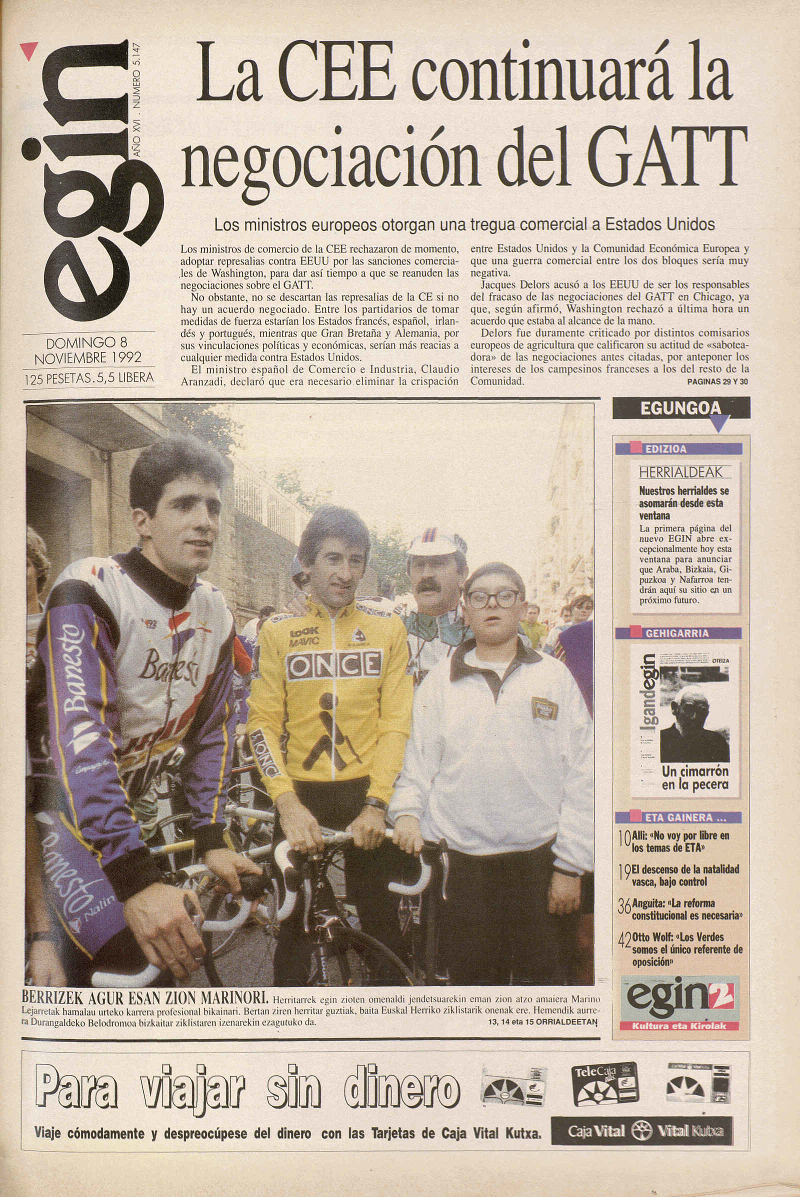 Primer ejemplar del «nuevo 'Egin'», el 8 de noviembre de 1992.