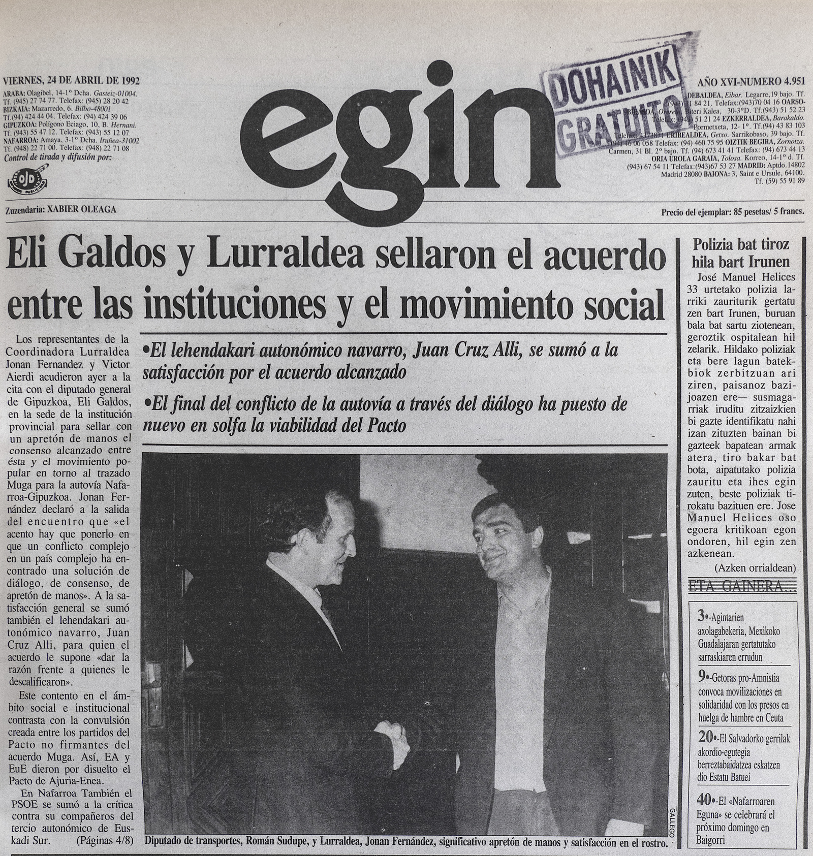 Portada de 'Egin' del 24 de abril de 1992.