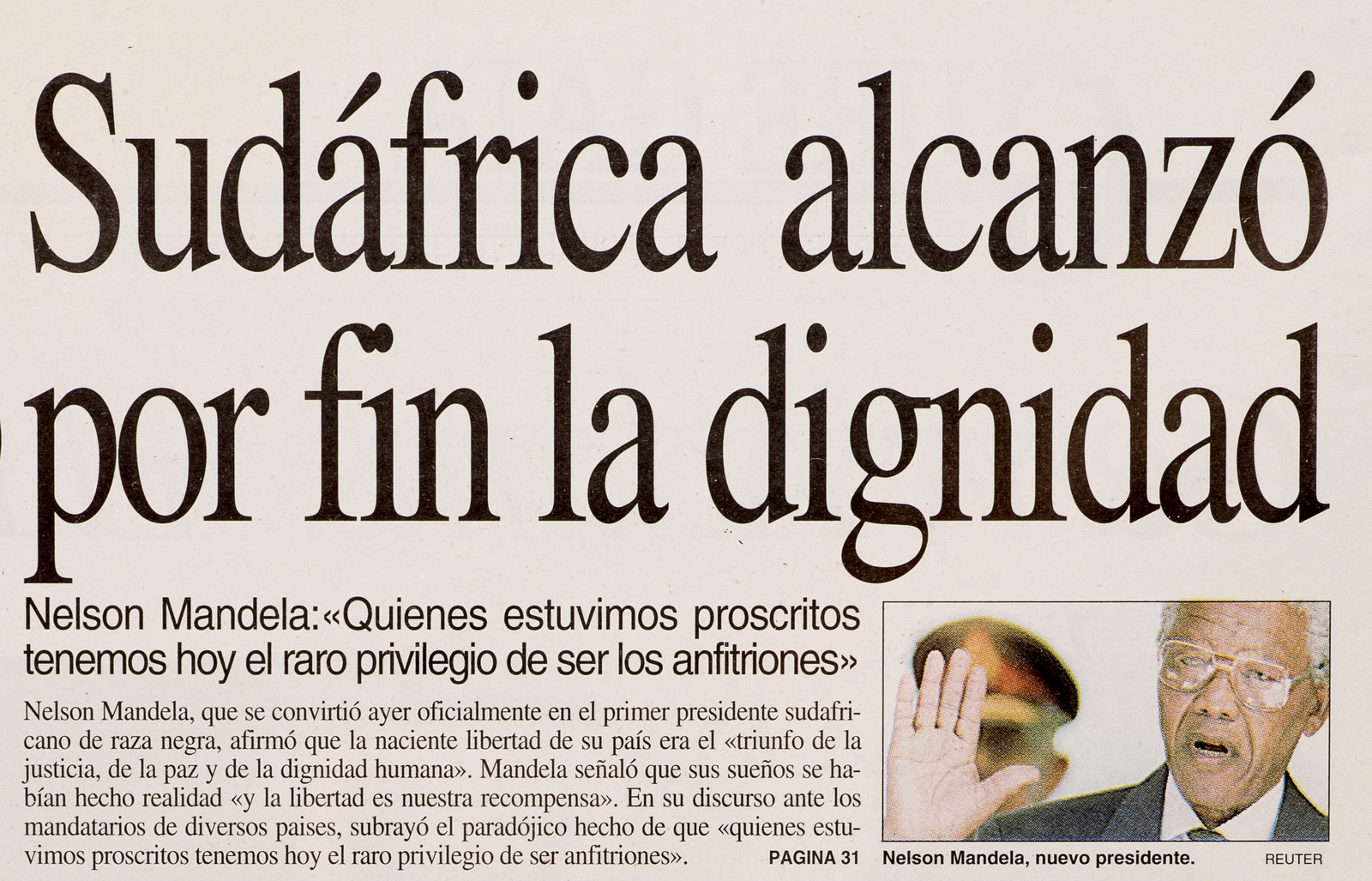 Fragmento de la portada de 'Egin' del 11 de mayo de 1994 con la noticia del nombramiento de Mandela como nuevo presidente de Sudáfrica.