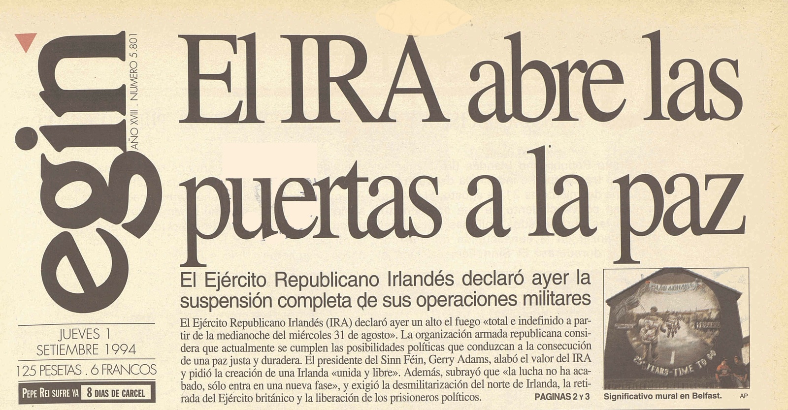 Anuncio del IRA de la suspensión completa de sus operaciones militares en la portada de 'Egin' del 1 de septiembre de 1994.