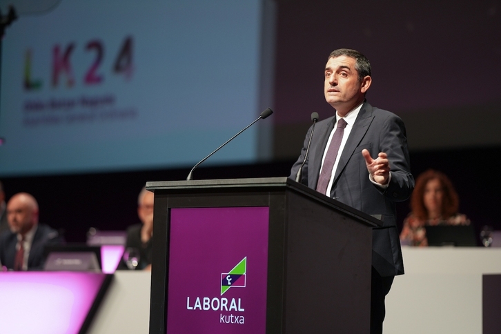Adolfo Plaza, presidente de Laboral Kutxa, en la Asamble General de hoy en Donostia.