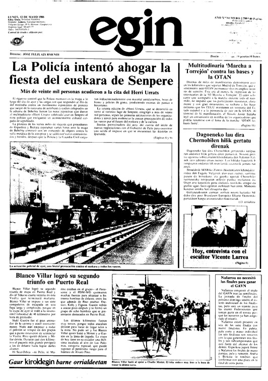 Portada de 'Egin' donde se informa de la carga contra los asistentes a Herri Urrats