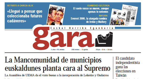 Portada de GARA del 10 de marzo de 2000.