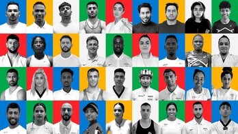 Collageg con las fotos de los atletas que formarán el equipo dde refugiados en París.