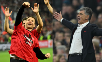 Xabi Alonso tras la clasificación del Leverkusen y Mendilibar durante el partido de Olympiakos.