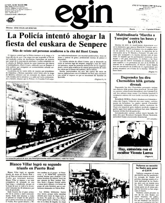 Portada de «Egin» en la quese informa de la carga contra los asistentes a Herri Urrats.