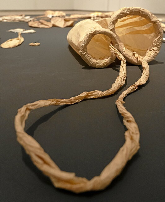 Una de las piezas de la exposición «Eva Lootz. Entrelazar, arrugar y seguir el hilo», dedicada a la artista austriaca en la sala Kubo Kutxa de Donostia. La muestra  se puede ver hasta el próximo 25 de agosto.