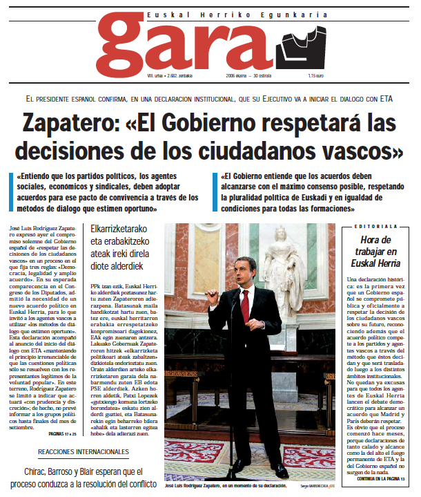 Portada de GARA del 30 de junio del 2006.