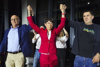 Comparecencia de Juan Karlos Izagirre, Maddalen Iriarte y Arnaldo Otegi tras conocer los resultados electorales el 28 de mayo de 2023.