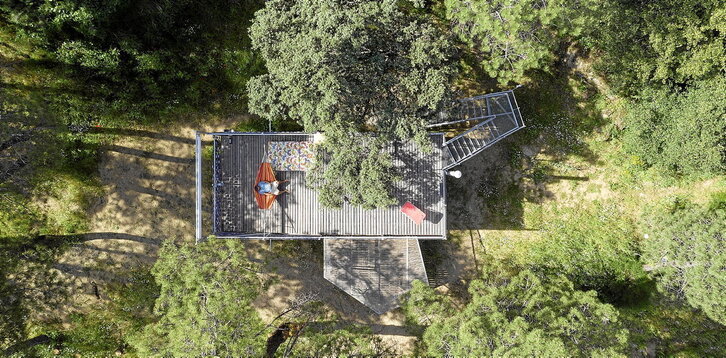 Goian, etxola pinudian goitiko bista. Behean, Etxola eta bere satelite txikiak, beste bizidunentzakoak.