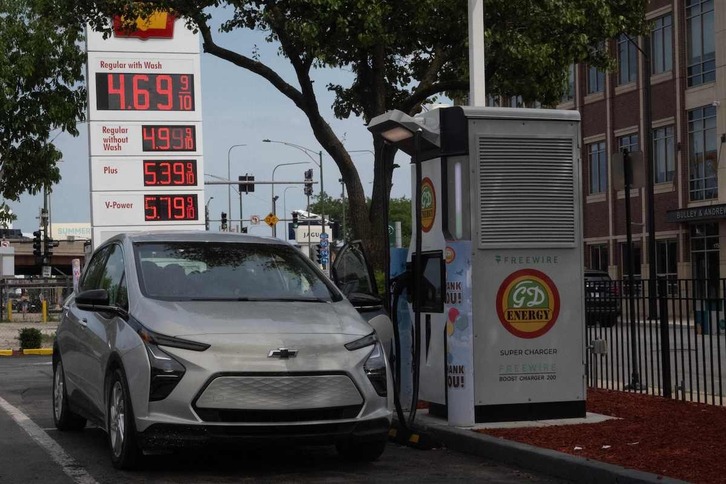 Carga de un coche eléctrico en una estación de Chicago, Illinois.