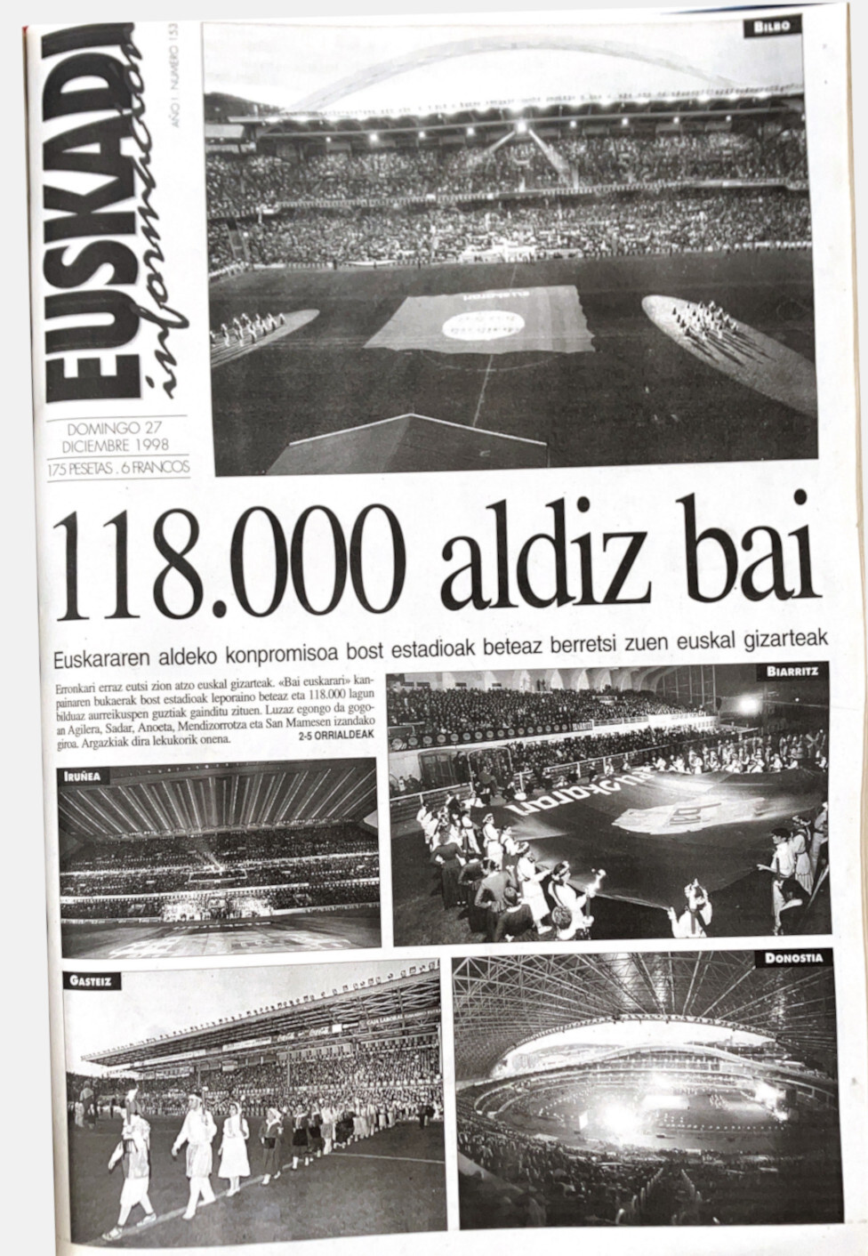 Bai Euskarari jaialdien biharamuneko azala, ‘Euskadi Información’ egunkariarena, ‘Egin’ itxi osteko eta GARA sortu aurreko garaia da Euskadi Informacion Bai Euskarari