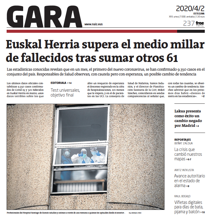 Portada de GARA del 2 de abril de 2020.