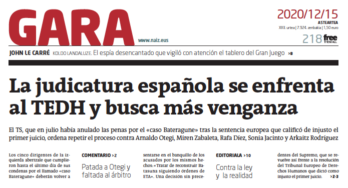 Portada de GARA del 15 de diciembre de 2020.