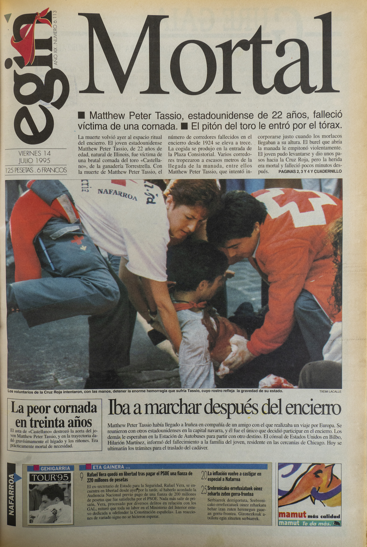 Portada del diario EGIN informando sobre la muerte de Tassio (EGIN)