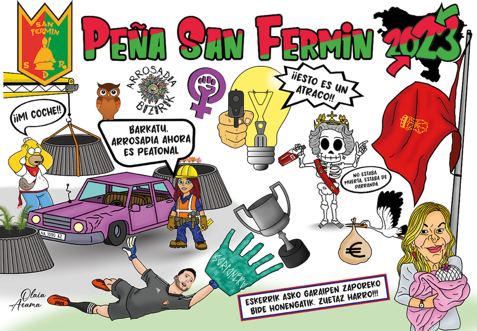 La final de Copa de Osasuna, la mano de Irulegi y la megabandera de Maya, algunas de las referencias de la pancarta de la peña San Fermín del año pasado. La final de Copa de Osasuna, la mano de Irulegi y la megabandera de Maya, algunas de las referencias de la pancarta de la peña San Fermín del año pasado.