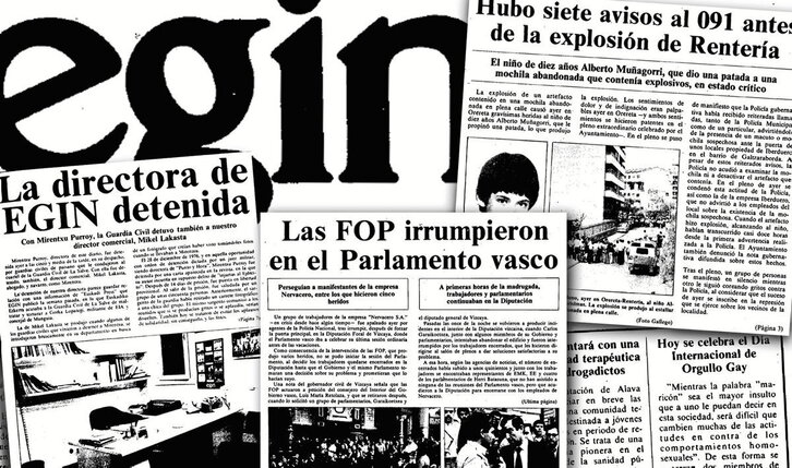 Las portadas de «Egin» reflejan la realidad que vivía nuestro país. A la derecha, Mirentxu Purroy (2017) y Alberto Muñagorri (2022).