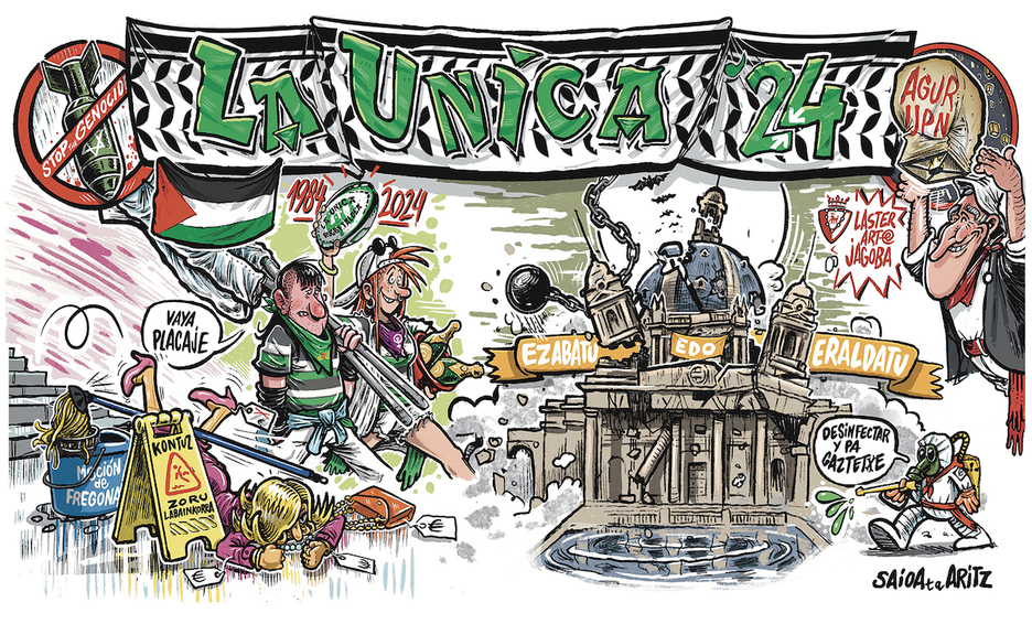 Una desesperada Ibarrola con su fregona, Asiron despidiendo a UPN, el genocidio palestino y el derribo de Los Caídos, en la tela de La Única Una desesperada Ibarrola con su fregona, Asiron despidiendo a UPN, el genocidio palestino y el derribo de Los Caídos, en la tela de La Única