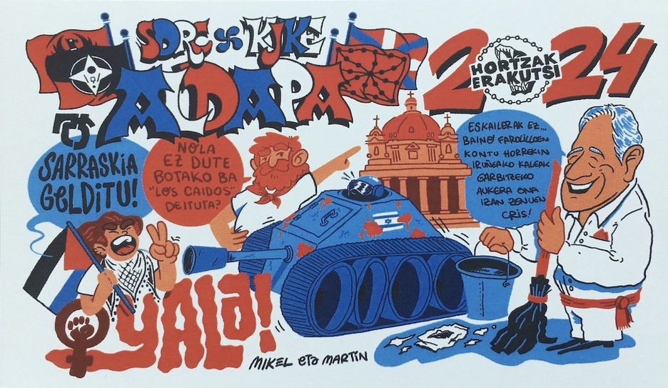 En la pancarta de Aldapa es Asiron el que empuña la fregona, mientras se apoya al pueblo palestino y el derribo de Los Caídos. En la pancarta de Aldapa es Asiron el que empuña la fregona, mientras se apoya al pueblo palestino y el derribo de Los Caídos.