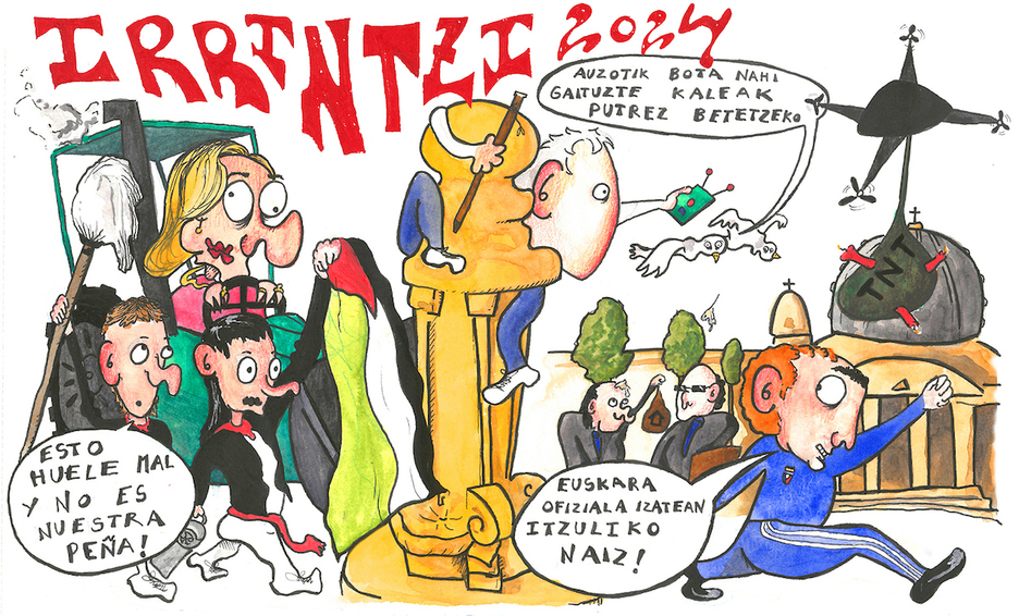 Arrasate y el euskara, Los Caídos, Ibarrola y la voladura de Los Caídos, en la pancarta de Irrintzi. Arrasate y el euskara, Los Caídos, Ibarrola y la voladura de Los Caídos, en la pancarta de Irrintzi.