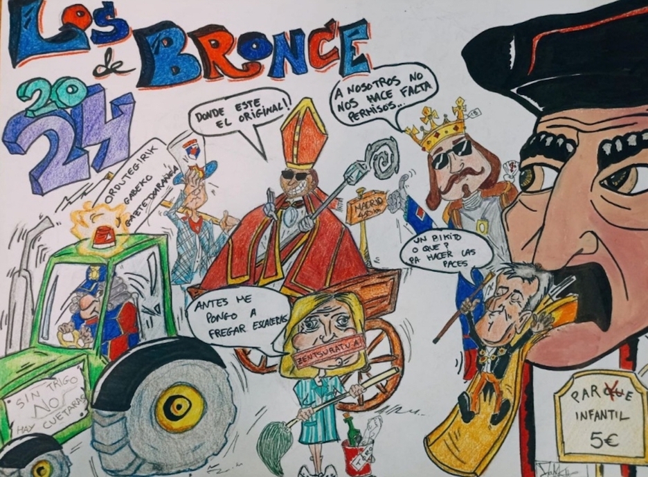 En la tela de Los de Bronce se mezclan San Fermín, gigantes, kilikis con la fregona Ibarrola y Asiron. En la tela de Los de Bronce se mezclan San Fermín, gigantes, kilikis con la fregona Ibarrola y Asiron.