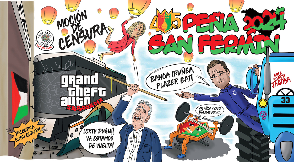 San Fermín celebra sus 45 años con una tela centrada en la despedida de Arrasate, Ibarrola y sus farolillos, Asiron de vuelta y el accidente de una villavesa. San Fermín celebra sus 45 años con una tela centrada en la despedida de Arrasate, Ibarrola y sus farolillos, Asiron de vuelta y el accidente de una villavesa.