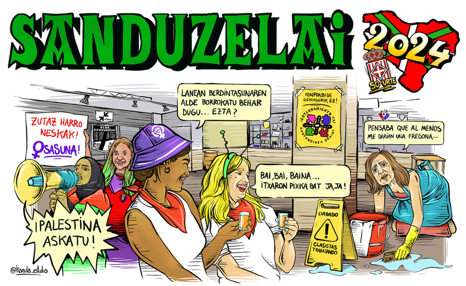 Una pancarta con sabor feminista la de Sanduzelai, con un recuerdo a Palestina e Ibarrola limpiando suelos. Una pancarta con sabor feminista la de Sanduzelai, con un recuerdo a Palestina e Ibarrola limpiando suelos.