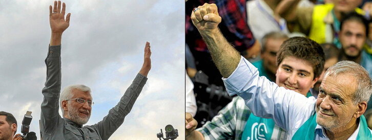 El exnegociador del dosier nuclear y candidato conservador, Saeed Jalili, y el candidato reformista Massoud Pezeshkian saludando a sus partidarios.
