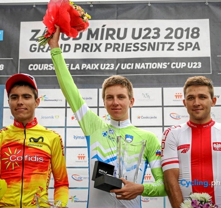 Ezkerrean, podiumeko  maila gorenean, Pogacar, eta bere ezkerrean, Xuban Errazkin, 2018ko Munduko Kopan, Txekiako Errepublikan. Eskuinean, Julen Larrañaga bere bezeroarekin, Uxue Trail-en 4. postuan bukatu ostean.