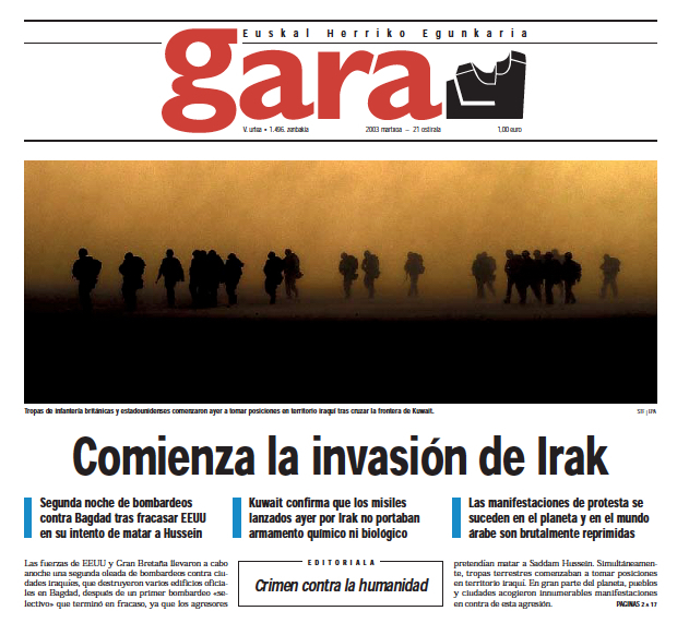 Portada de GARA del 21 de marzo de 2003.