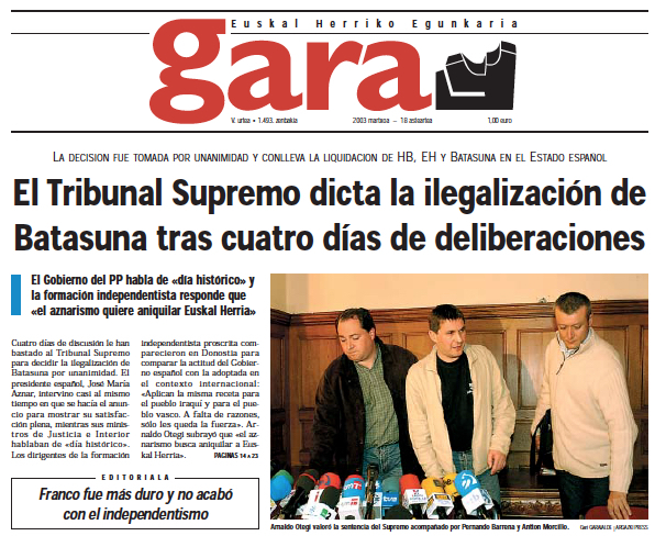 Portada de GARA del 18 de marzo de 2003.