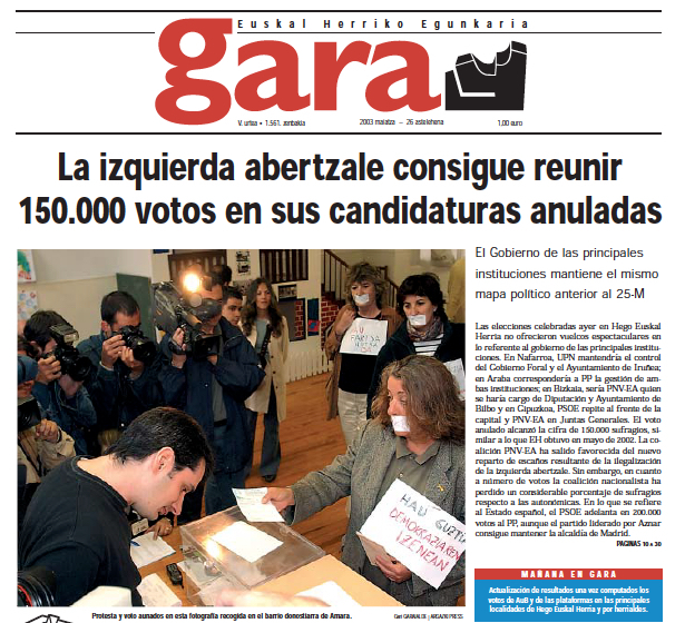 Portada de GARA del 26 de mayo de 2003.