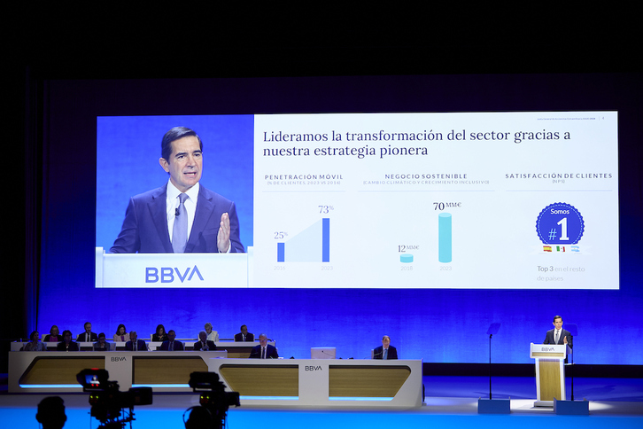 Intervención de Carlos Torres, presidente del BBVA, ante la junta de accionistas celebrada en el Palacio Euskalduna de Bilbo.