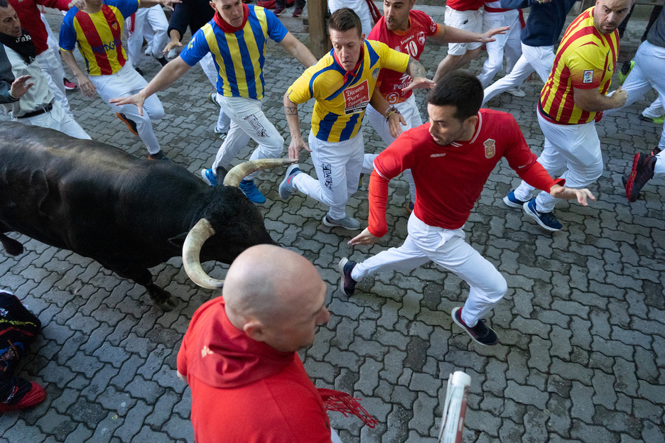 Mozos ante las astas de uno de los morlacos que ha corrido el primer encierro.