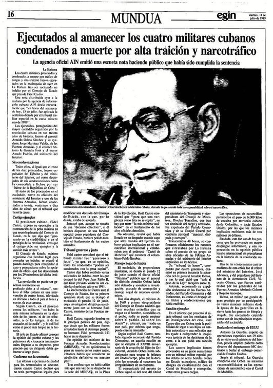 A la derecha, página de «Egin» del 13 de julio, informando sobre el discurso de Fidel Castro ante el Consejo de Estado. A la izquierda, información del día 14 sobre las ejecuciones.