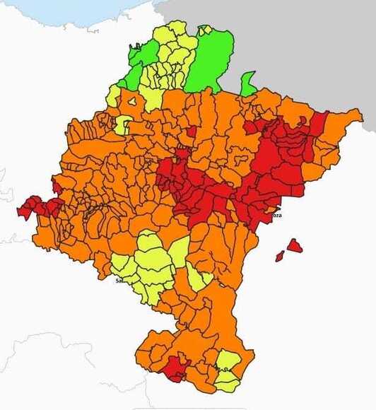 Mapa difundido por el Gobierno navarro que indica el nivel de alarma según los términos municipales.