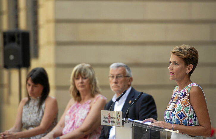 María Chivite, en su comparecencia de ayer, con los tres vicelehendakaris, Begola Alfaro, Ana Ollo y Félix Taberna.