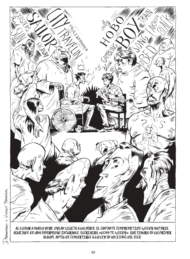 Bob Dylan, en el cómic ‘La historia del rock en cómic’. (EDITORIAL LUNWERG)